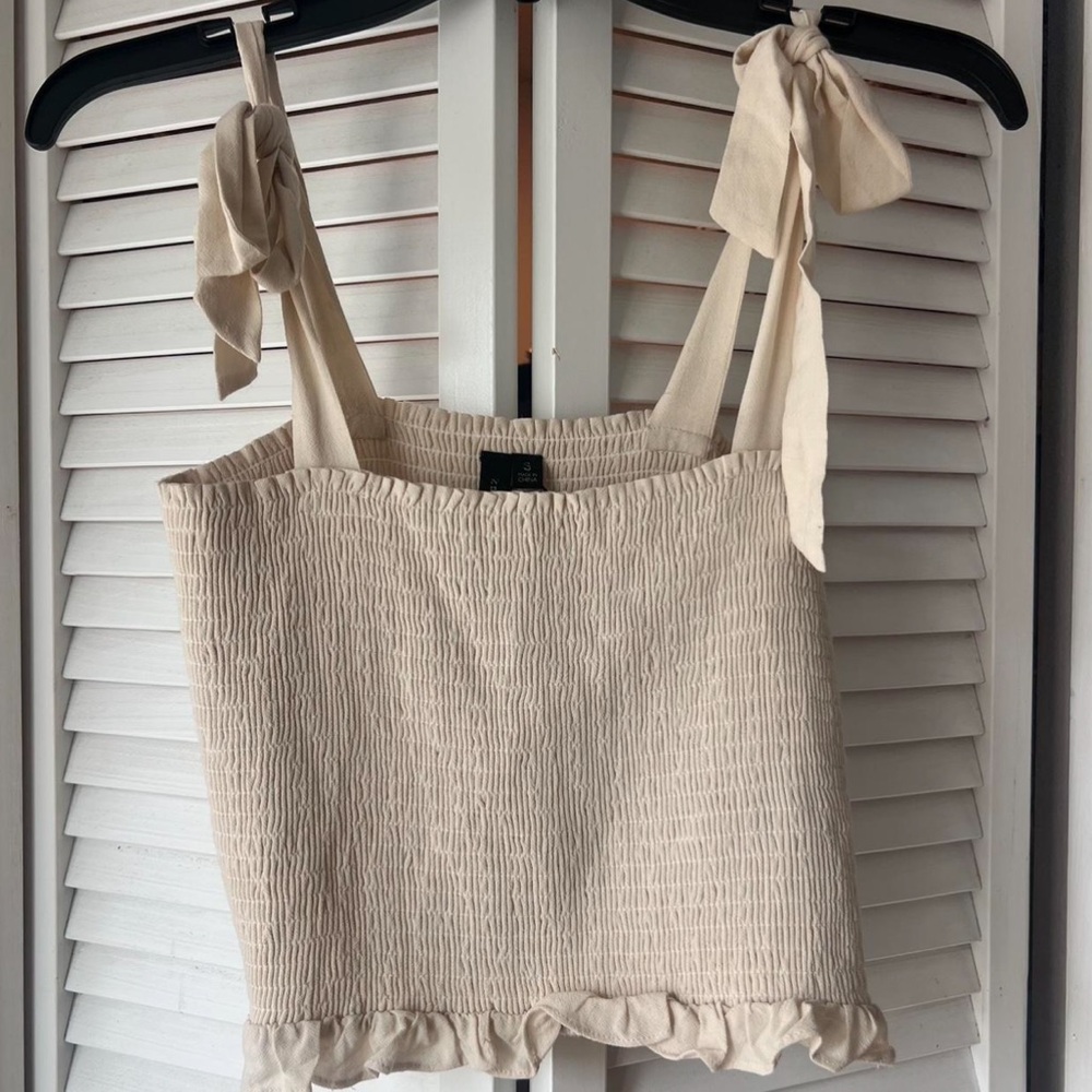 Linen straps Cream Women's small Top ruffle hem